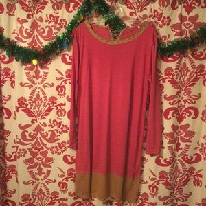 Heathered Red Dress with tan trIm- long sleeved